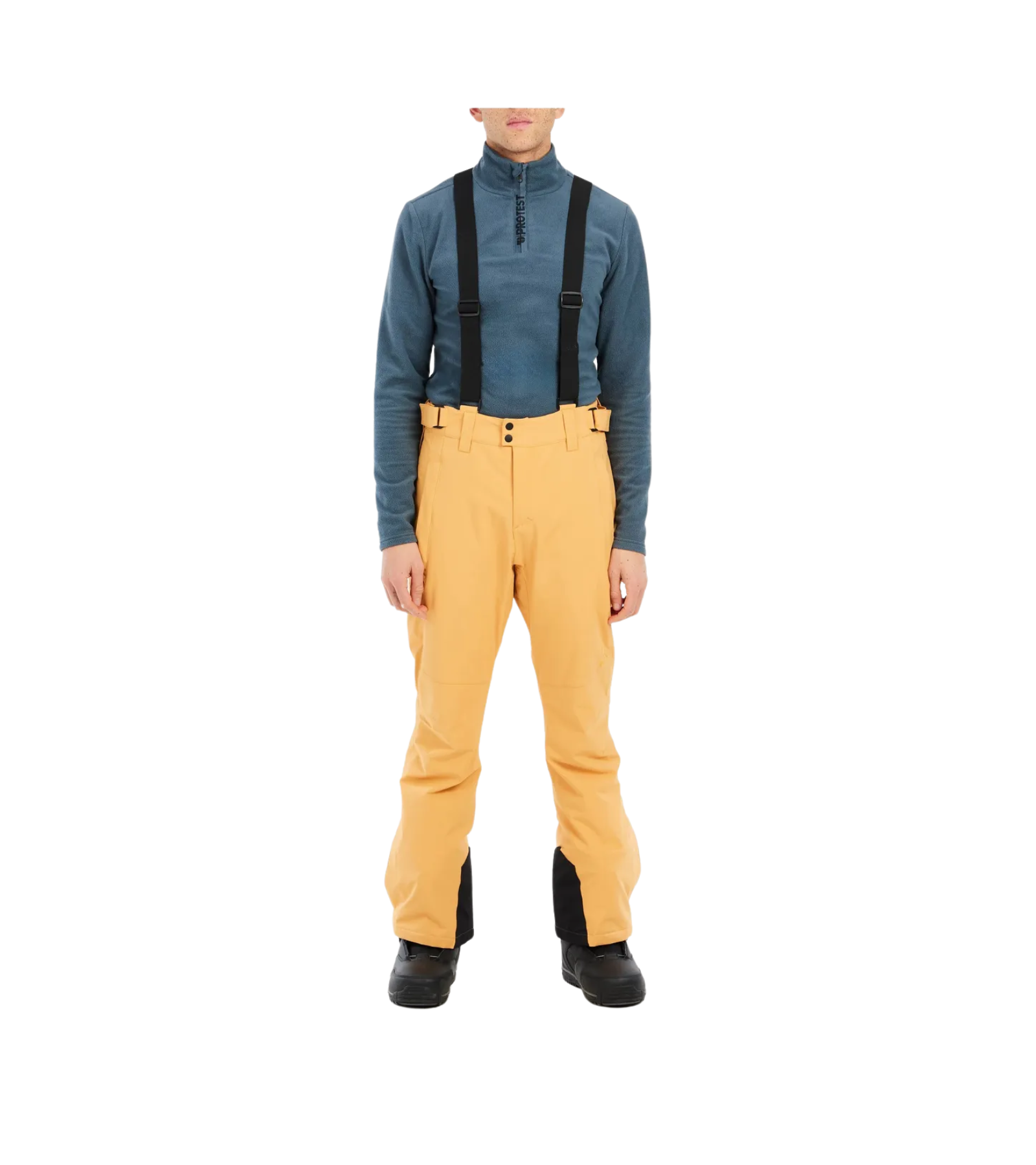 A person wearing yellow ski pants with suspenders, a blue sweater, and black boots.